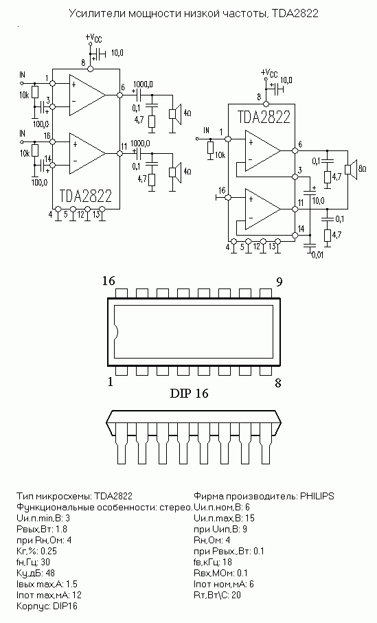 D2822n микросхема схема подключения TDA2822 :: Зарубежные микросхемы